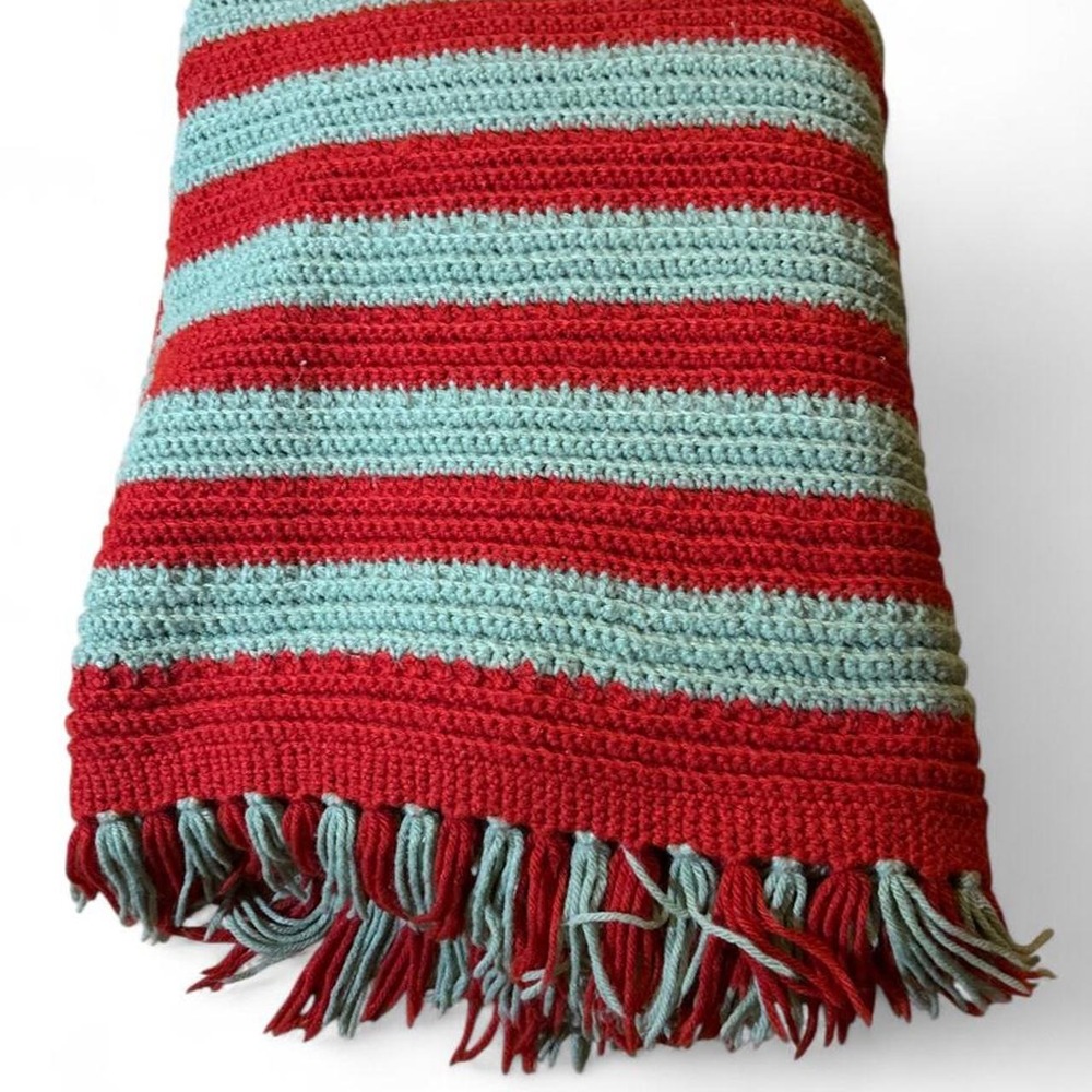 Handmade Crochet Throw Blanket Burnt Orange Sage Green 70s Boho Fringe Campfire